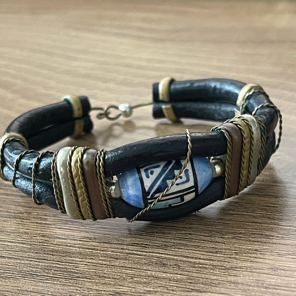 Vintage Artisan Boho Bracelet Blue White Ceramic Bead Brass Wire Leather Cuff